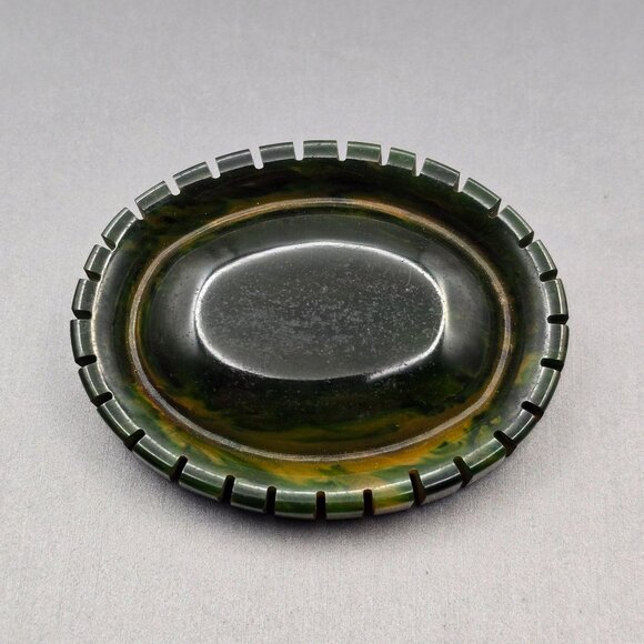 VTG Marbled Dark Green Bakelite Oval Brooch Pin 2.5" Ribbed Edge Spinach Color - Picture 1 of 8